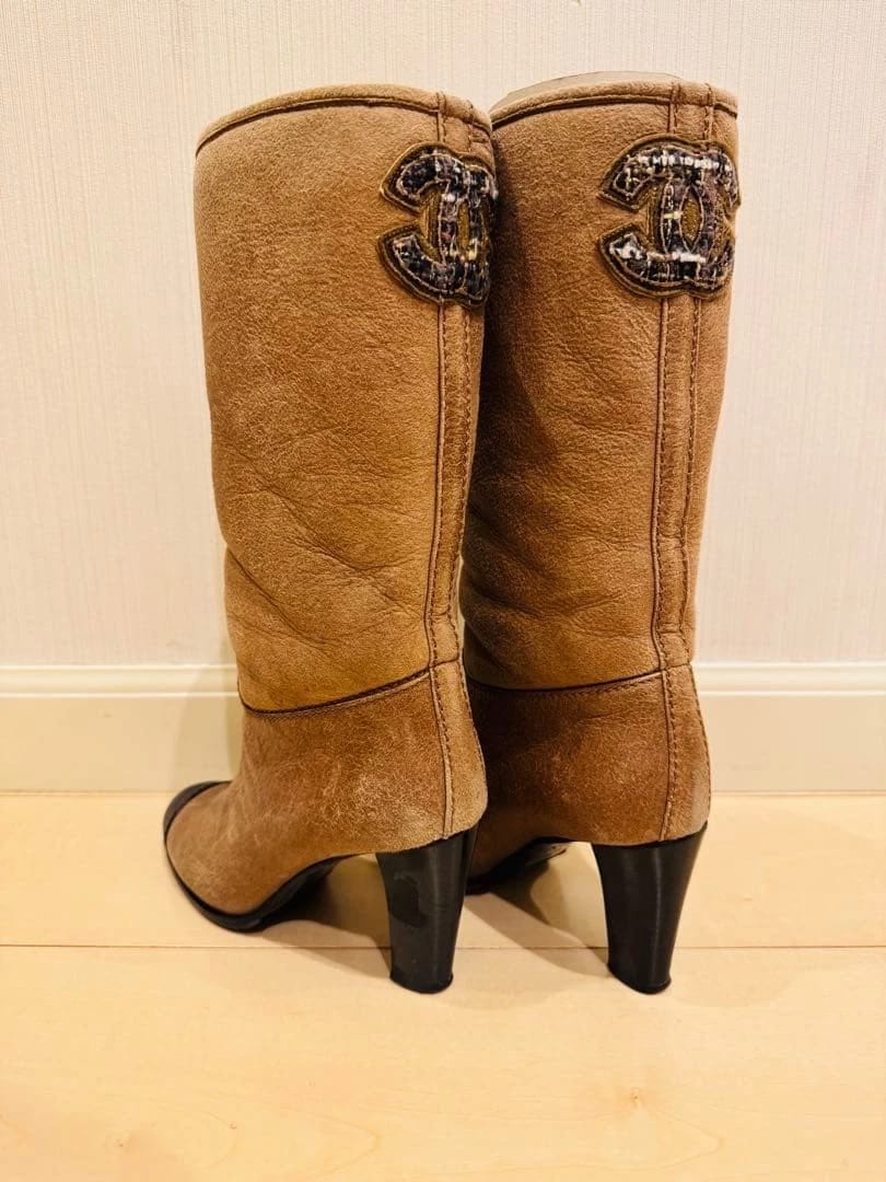 CHANEL Suede Shearling Lined Boots Brown Logo Embroidery Size 36
