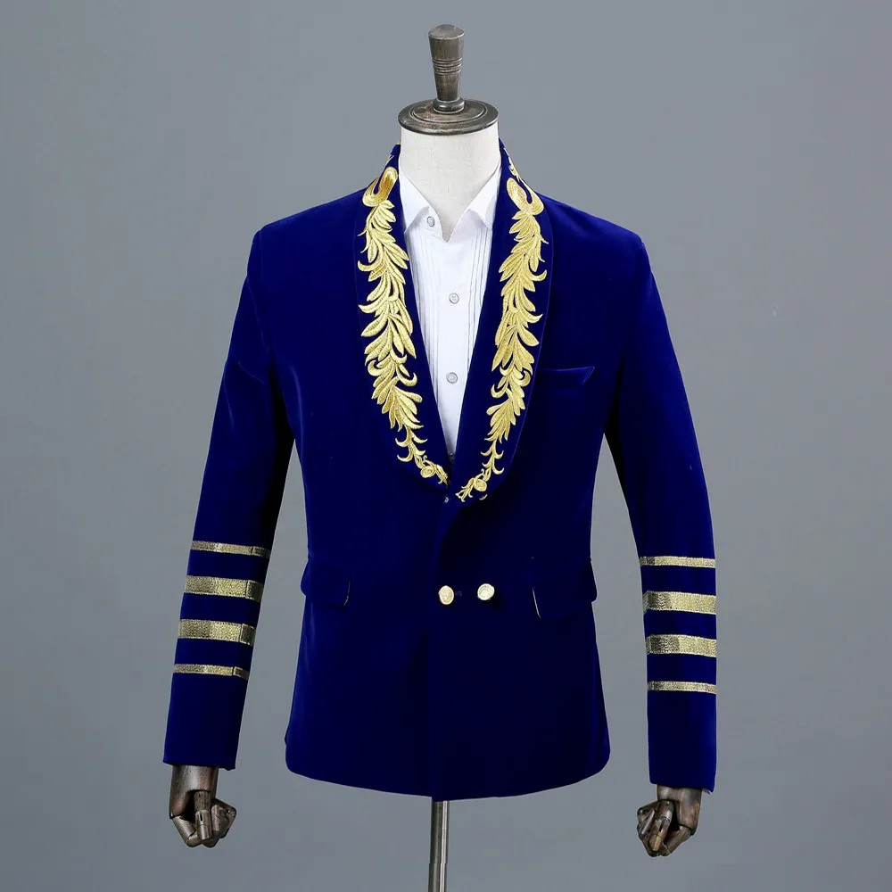 Navy Military sailor Captain Uniform Blazer Men Nightclub Stage party singer floral Blazer